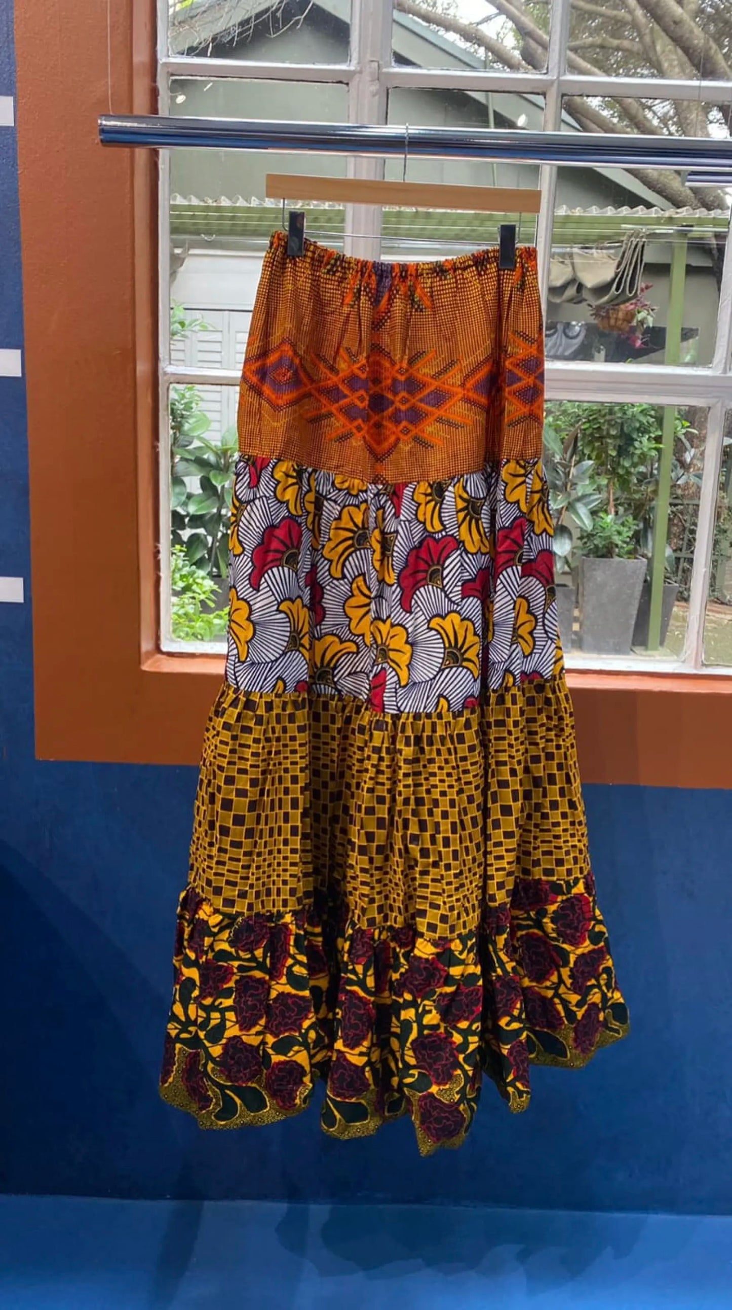 White, Mustard and Maroon Printed Tiered Maxi Skirt