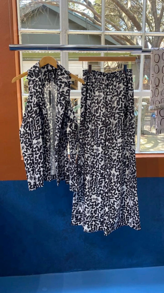 Black and White Monochrome Belted Top and Pants Set