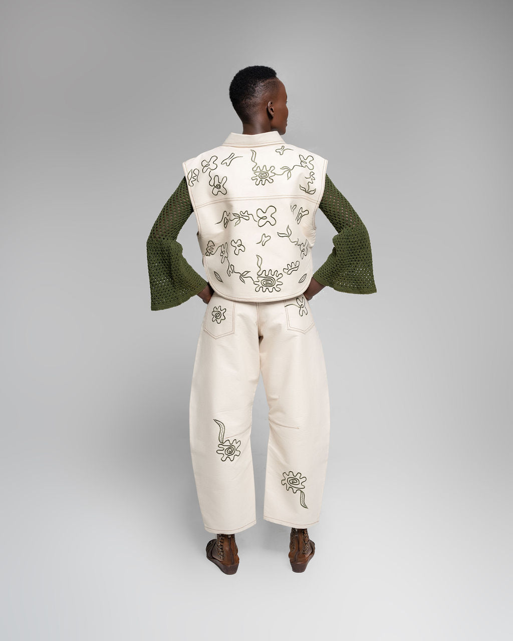 Imbaali Cropped Jacket - Cream with Jungle Green Embroidery