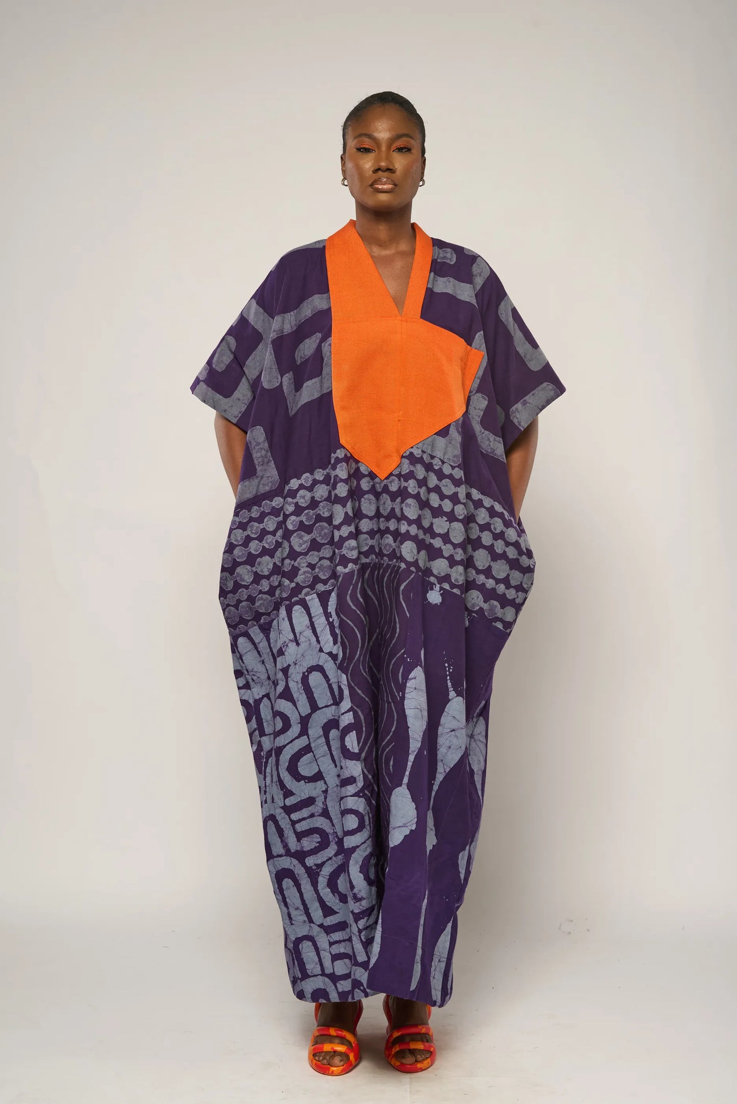 Purple And Gray Multiprint Agbada With Orange Aso Oke
