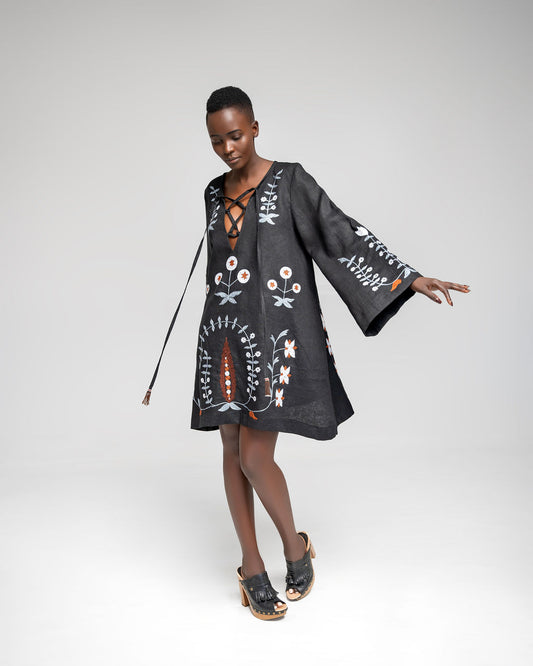 Loshoro Tunic - Black w / multi embroidery