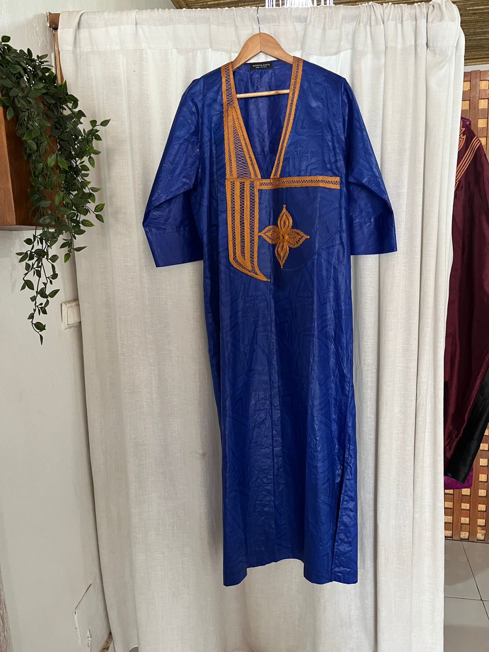 Robe Bazin Bleu Broderie Marron