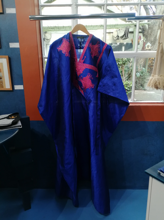 Bubu Dress Bleu Roi Broderie Rose Argentée