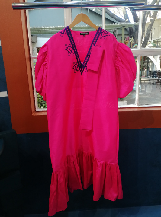 Bubu Dress Volant Rose Fuchsia Broderie Mauve