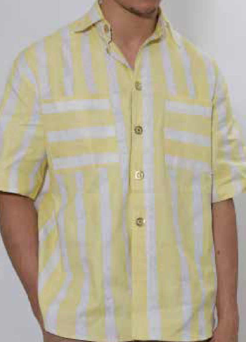 Yellow Batique Short-Sleeved Cotton Shirt Adorned With Bronze Buttons