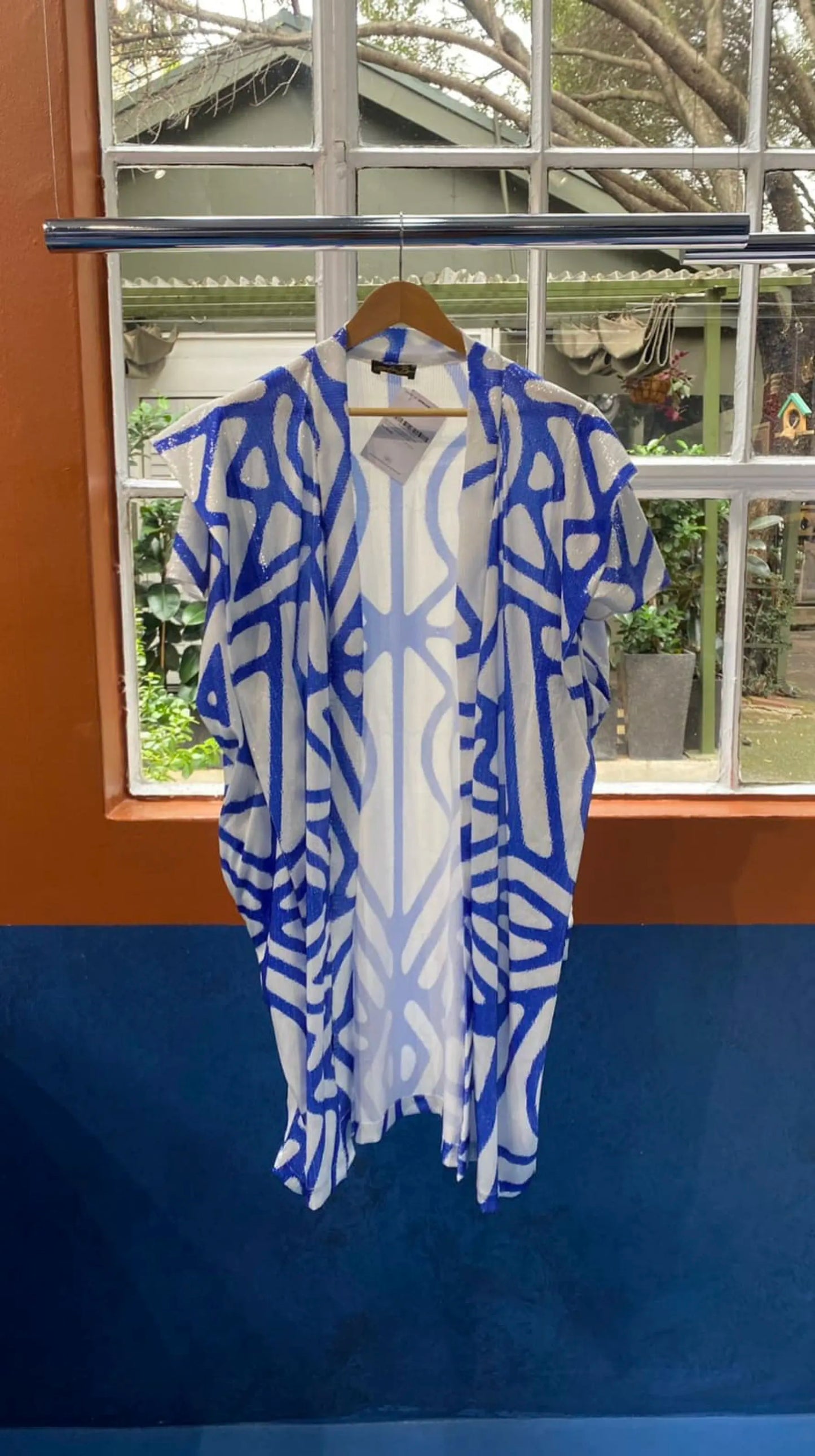 Blue and White Mykonos Agbada Sequined Kimono