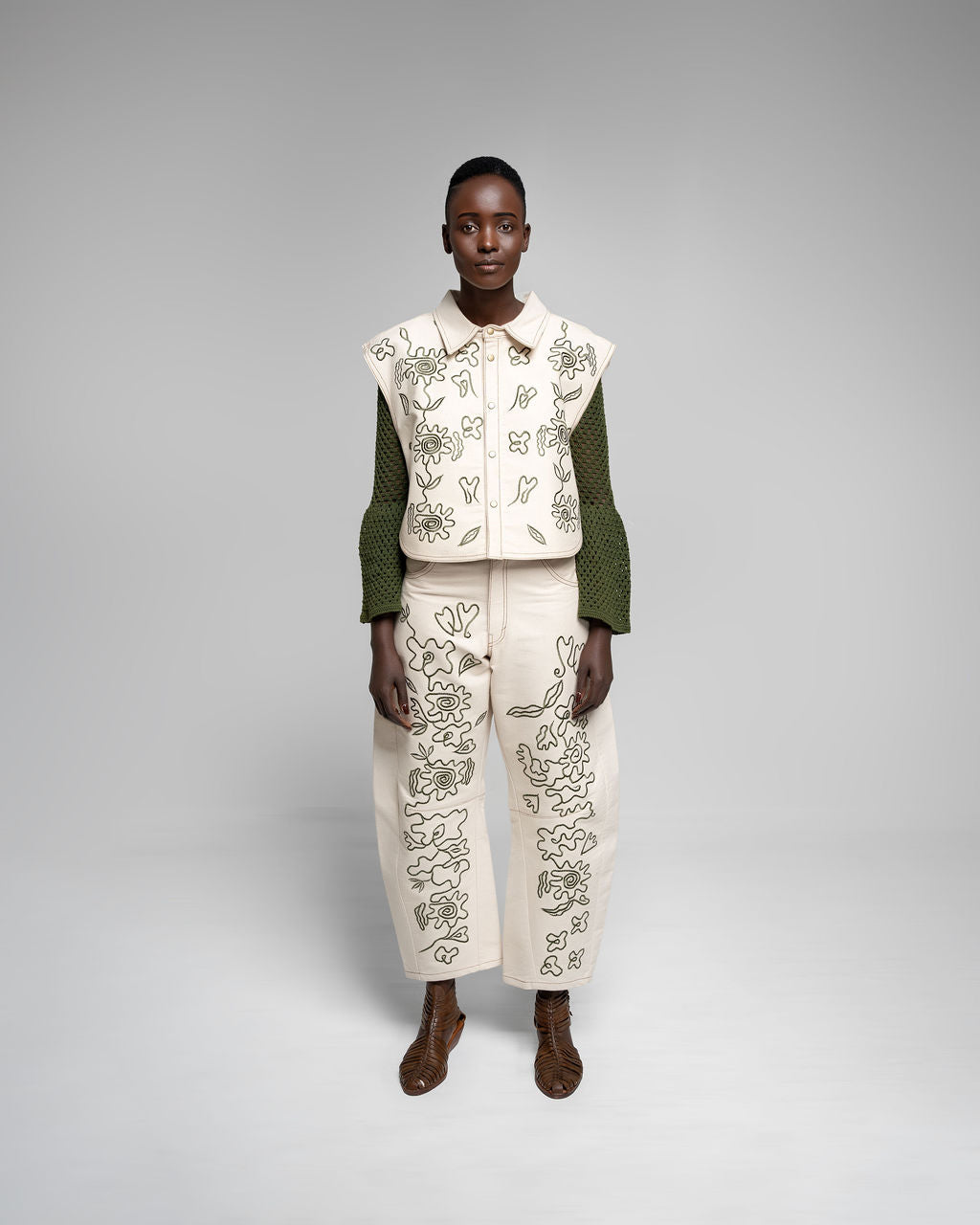 Imbaali Cropped Jacket - Cream with Jungle Green Embroidery
