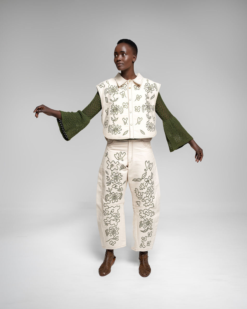 Imbaali Cropped Jacket - Cream with Jungle Green Embroidery