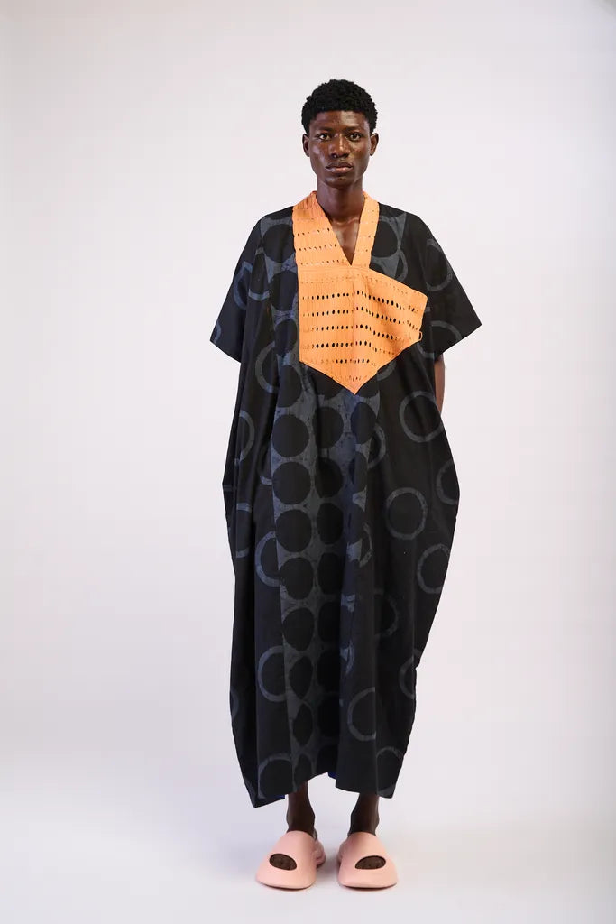 Grey And Black Single Print Agbada With Peach Aso Oke