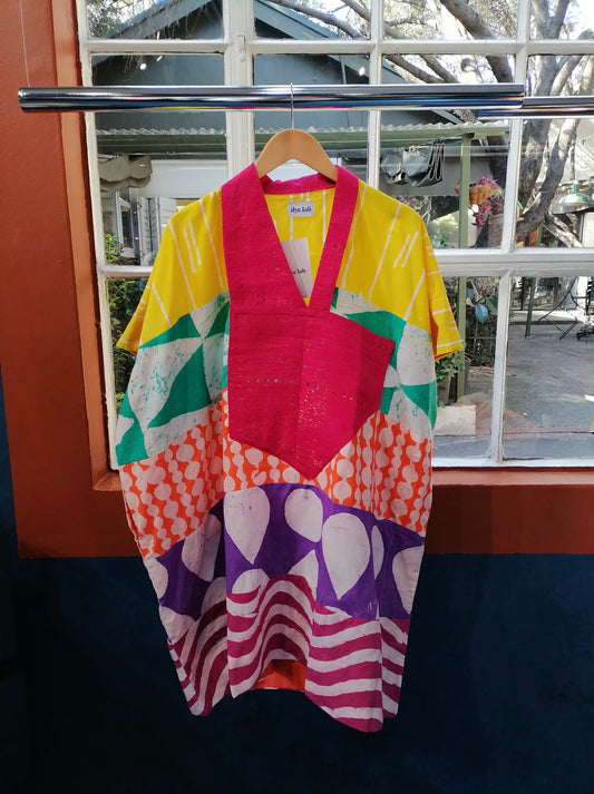 Yellow And White Multicolour Mini Agbada With Fuschia Aso Oke