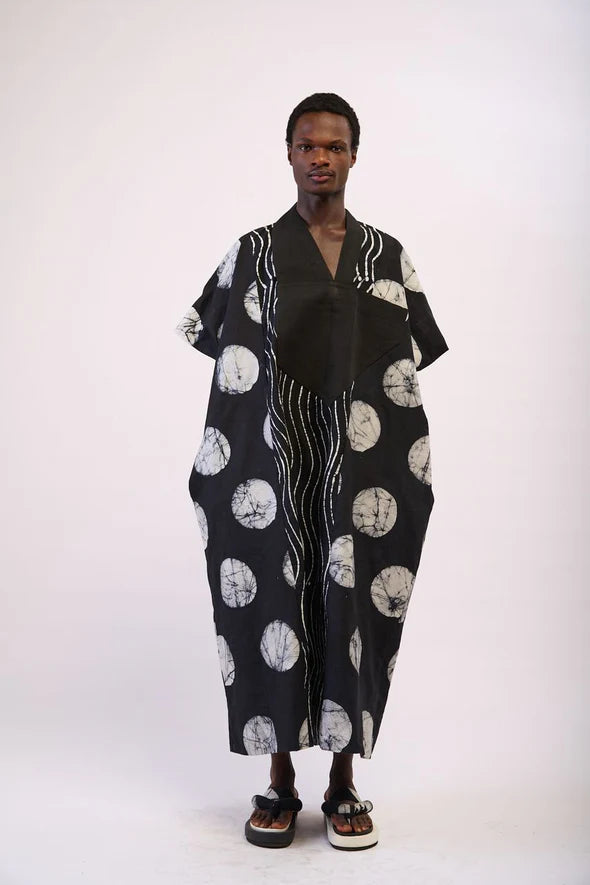 Black and White Print Agbada with Aso oke Collar