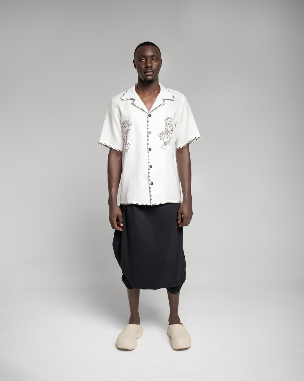 Crouching Tiger - White w / dark brown embroidery