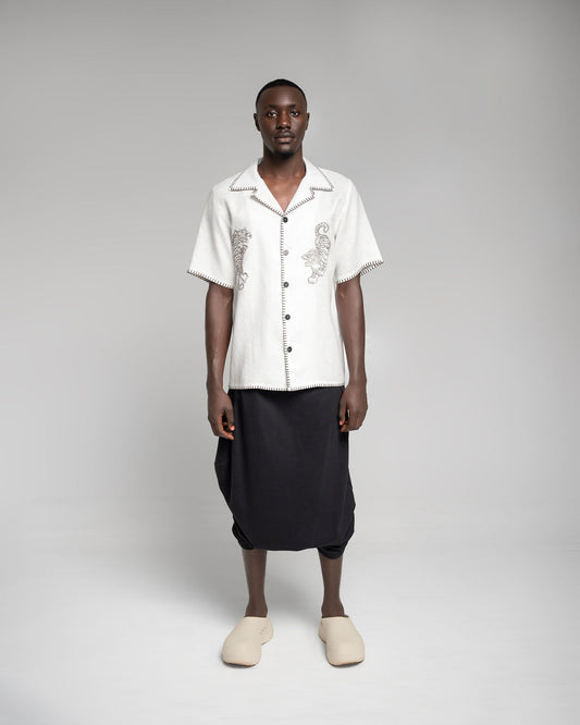 Crouching Tiger - White w / dark brown embroidery
