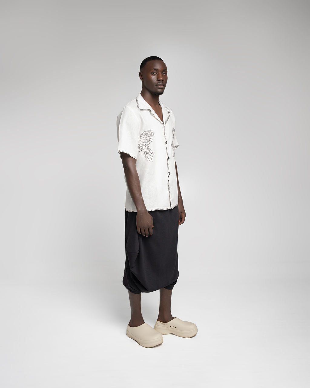 Crouching Tiger - White w / dark brown embroidery