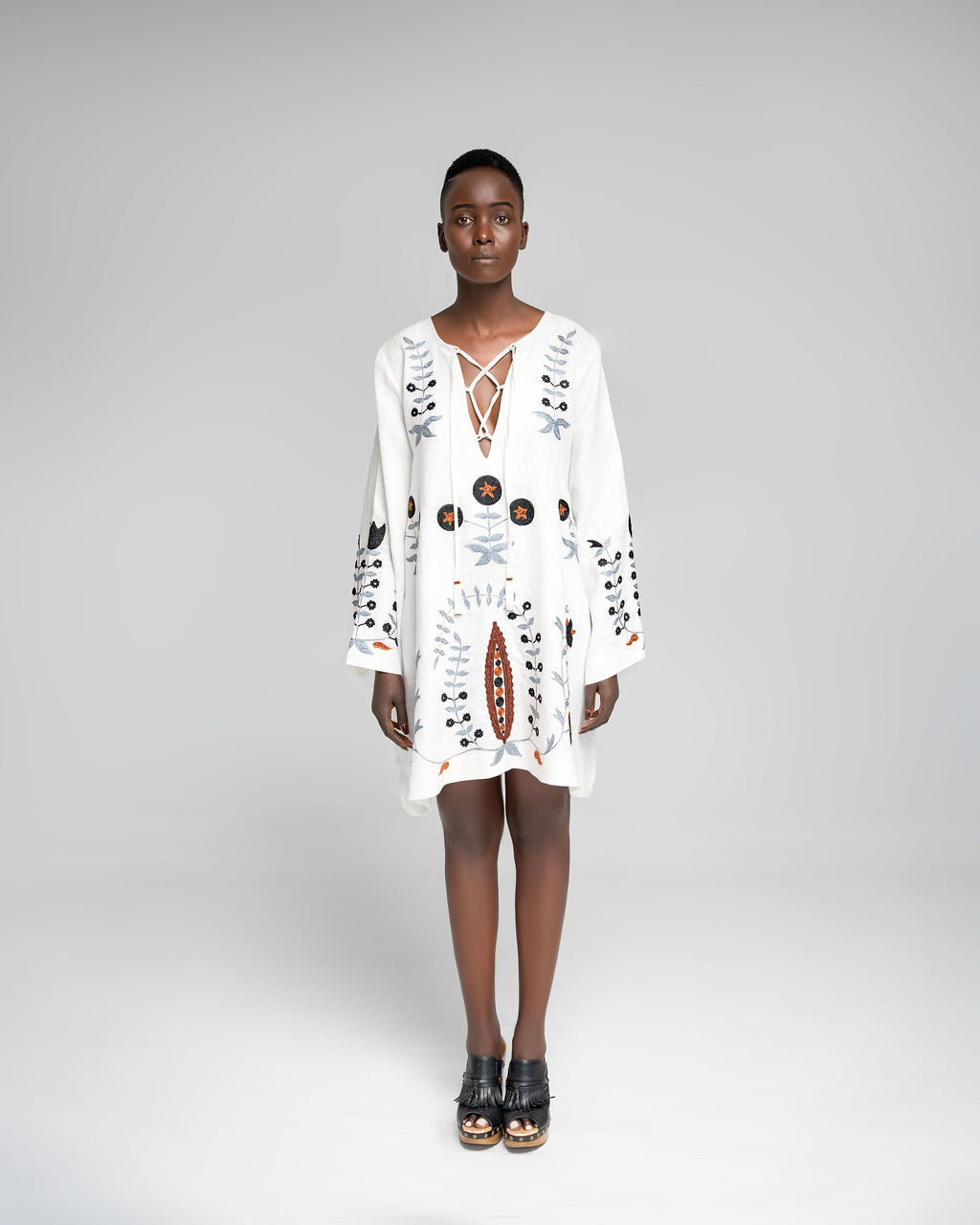 Loshoro Tunic - White w / multi embroidery