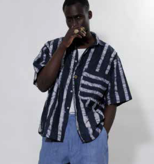 Blue Batique Short-Sleeved Cotton Shirt Adorned With Bronze Buttons