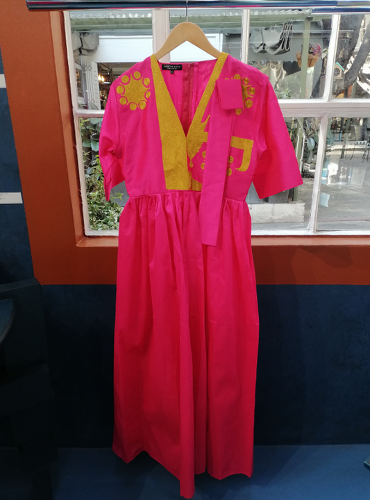 Robe Djola Longue Rose Fuchsia Broderie Dore